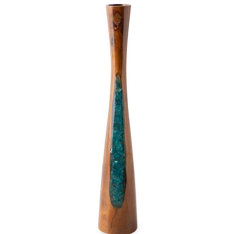 Glass Infused Teak Candle Holder, Short - Teal